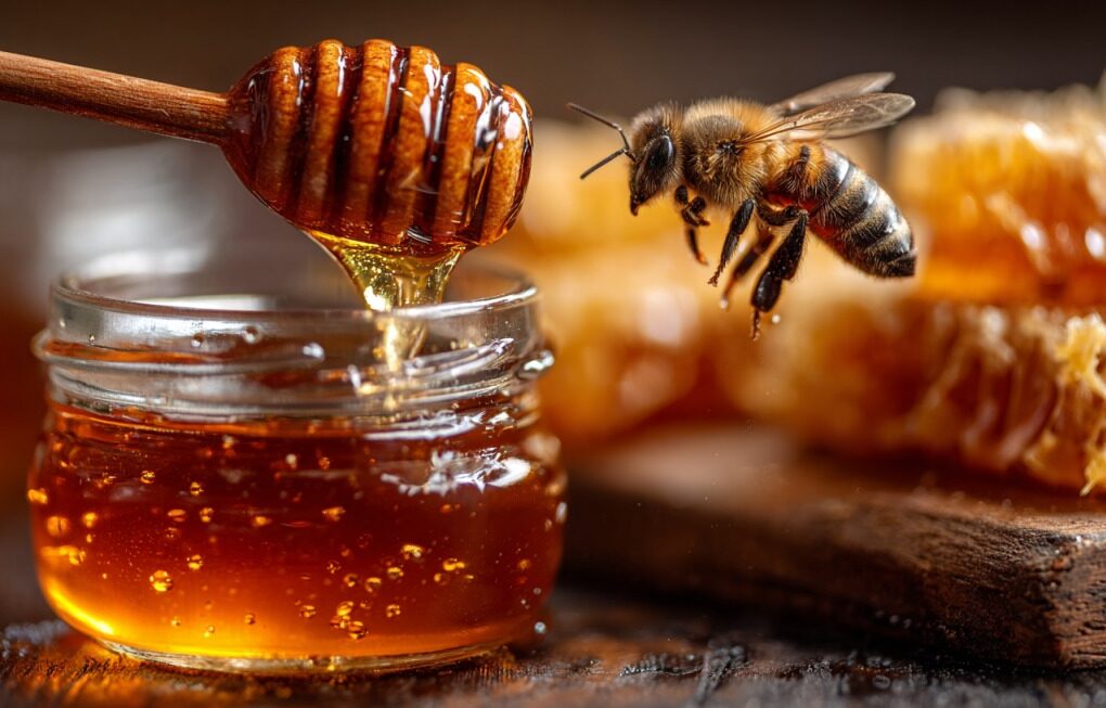 Pčela leti iznad tegle sa zlatnim medom dok se med cijedi sa drvene kašike