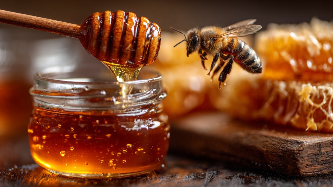 Pčela leti iznad tegle sa zlatnim medom dok se med cijedi sa drvene kašike