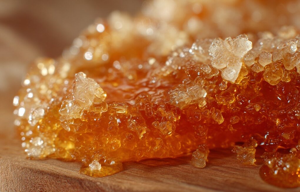 Ušećereni med u krupnim kristalima prikazan izbliza na drvenoj podlozi