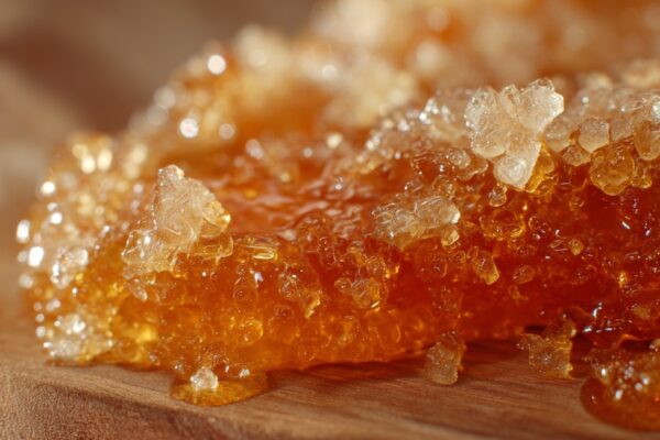 Ušećereni med u krupnim kristalima prikazan izbliza na drvenoj podlozi