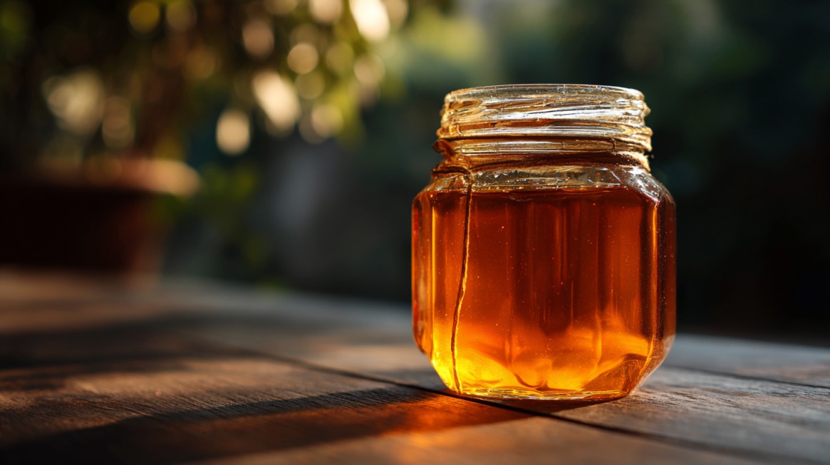 Tegla zlatnog meda na drvenoj površini u toplom prirodnom svetlu