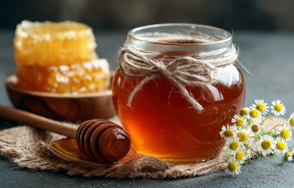 Tegla tamnog meda sa rustičnim ukrasnim kanapom, drvena kašičica i saće pored cvetova kamilice