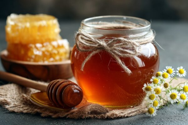 Tegla tamnog meda sa rustičnim ukrasnim kanapom, drvena kašičica i saće pored cvetova kamilice
