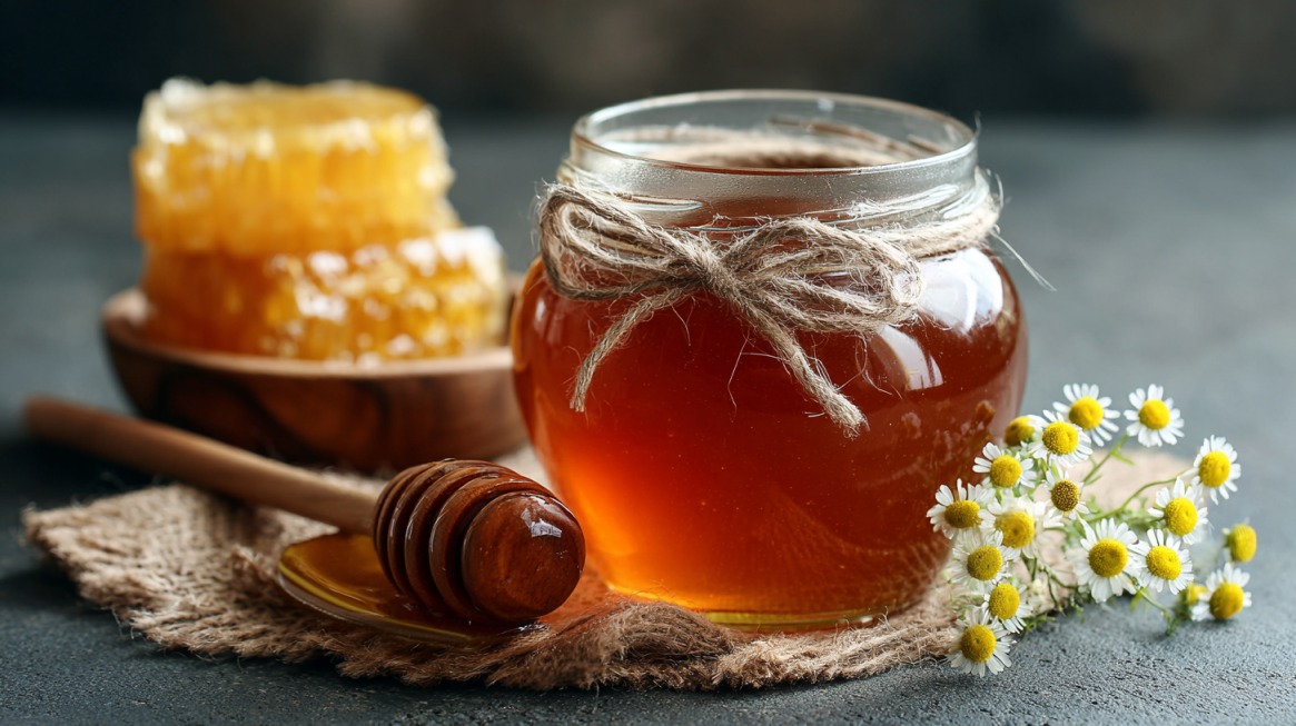 Tegla tamnog meda sa rustičnim ukrasnim kanapom, drvena kašičica i saće pored cvetova kamilice