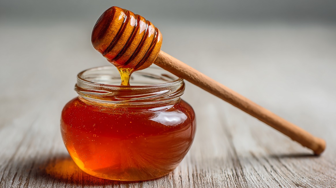 Teglica meda sa drvenom kašičicom iz koje curi gust zlatni med
