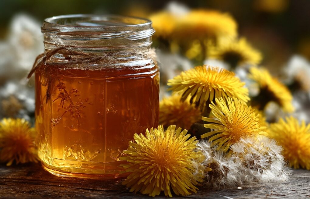 Staklena tegla zlatnog meda od maslačka na drvenoj površini, okružena žutim cvetovima maslačka i delovima semenki