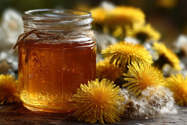 Staklena tegla zlatnog meda od maslačka na drvenoj površini, okružena žutim cvetovima maslačka i delovima semenki