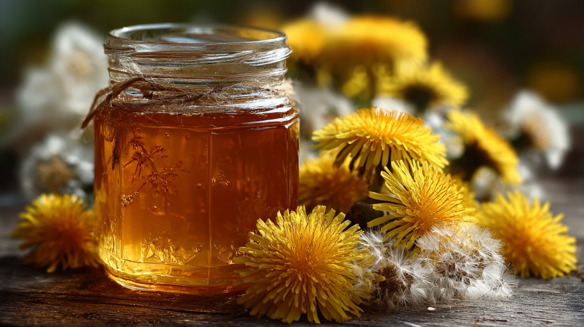 Staklena tegla zlatnog meda od maslačka na drvenoj površini, okružena žutim cvetovima maslačka i delovima semenki