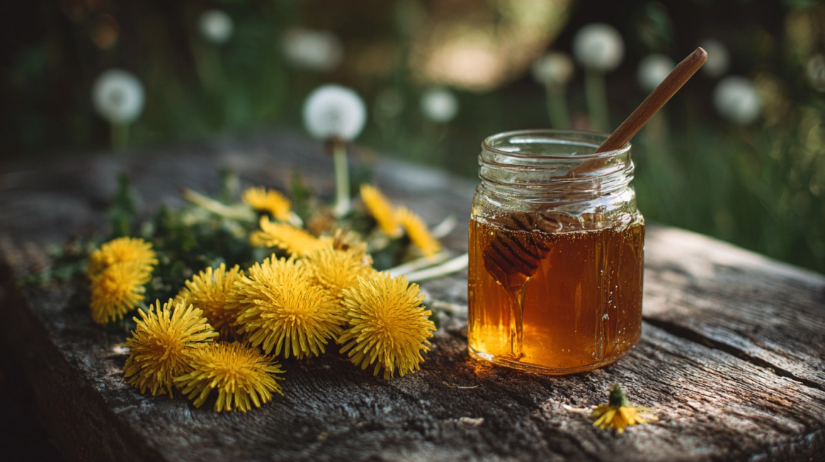 Staklena tegla sa zlatnim medom od maslačka stoji na staroj drvenoj klupi, okružena žutim cvetovima maslačka i drvenom kašikom uronjenom u med