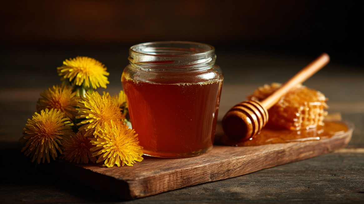 Tegla tamnog meda od maslačka postavljena na drvenoj podlozi, okružena žutim cvetovima maslačka i mednim saćem sa drvenom dugačkom kašikom za med