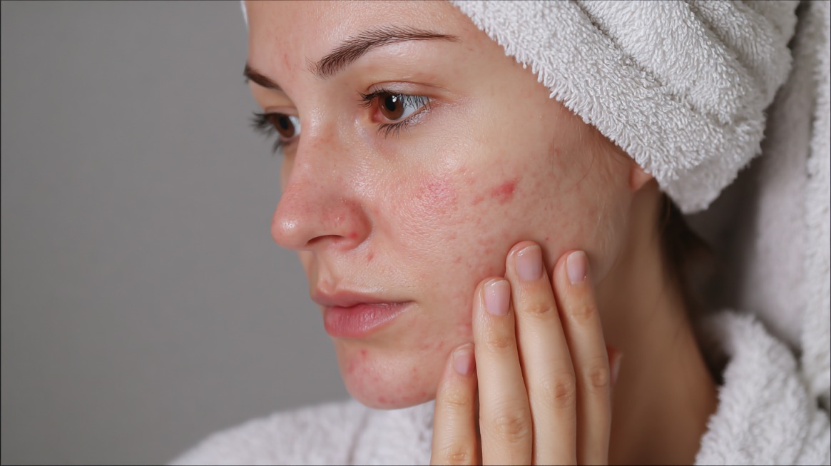 Osoba sa crvenilom i aknama na obrazu dodiruje kožu i posmatra je u ogledalu