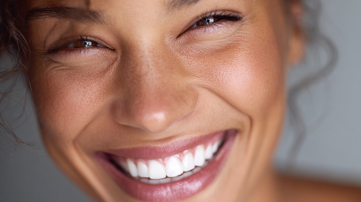 Blizak kadar nasmejene osobe sa sjajnim belim zubima