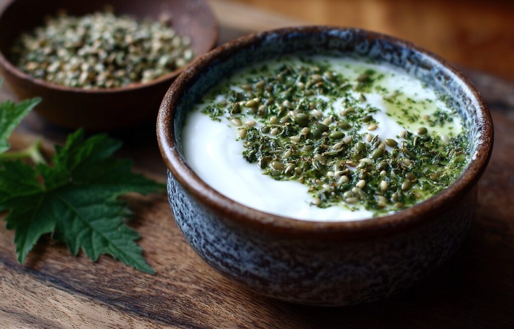 Zdelica jogurta posuta semenom koprive na drvenoj podlozi