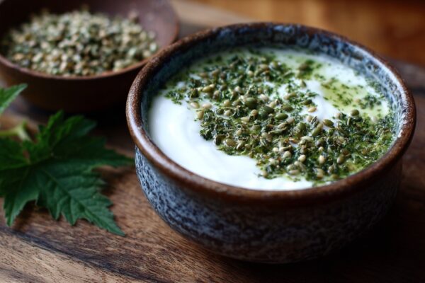 Zdelica jogurta posuta semenom koprive na drvenoj podlozi